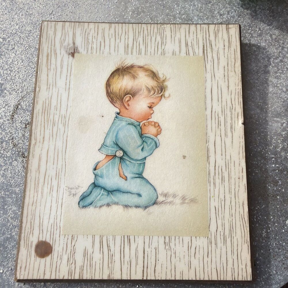 Vintage Charlot Byi "Bless Us All" Praying Boy Wood Wall Plaque